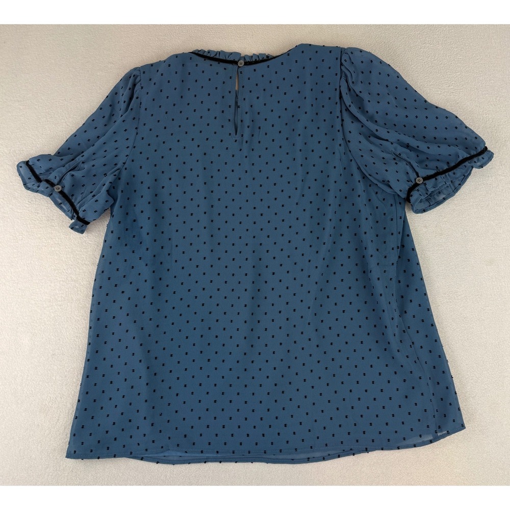 LOFT Blouse Womens Small Blue Clip Dot Pintuck Puff Sleeve Velvet Trim 593082 - Picture 11 of 11